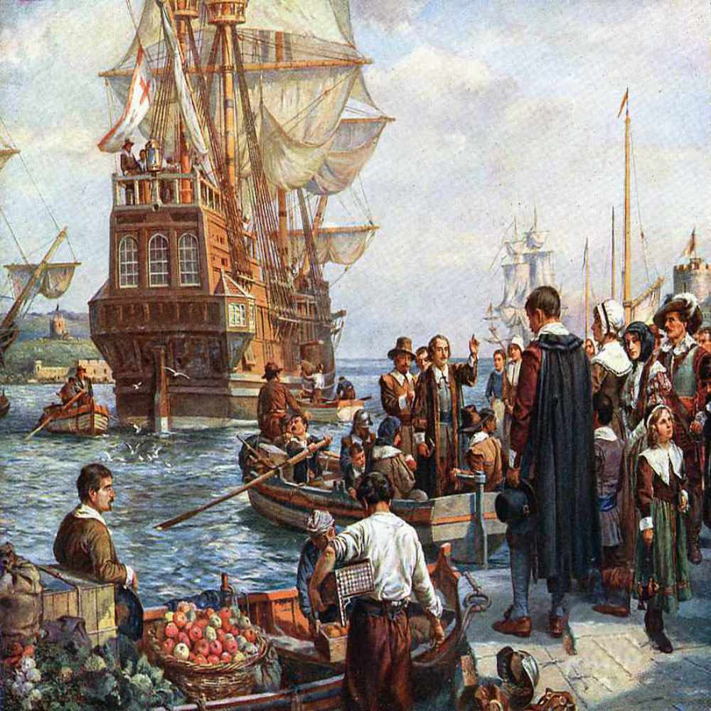 Mayflower. Piligrimų tėvai sėda į laivus ir plaukia į Naująjį pasaulį