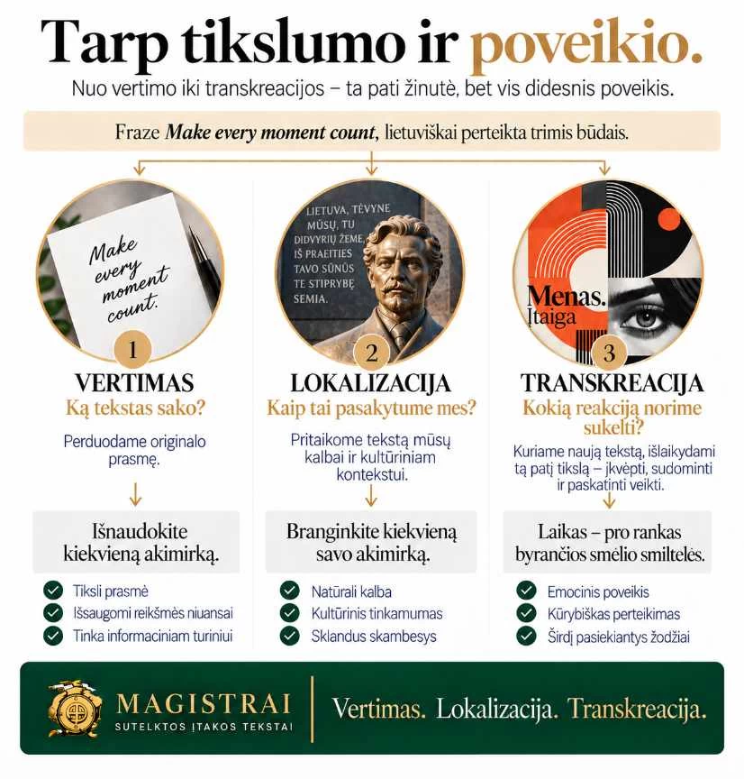 Infografika apie teksto  vertimo lygius: paprastas, lokalizacija ir transkreacija