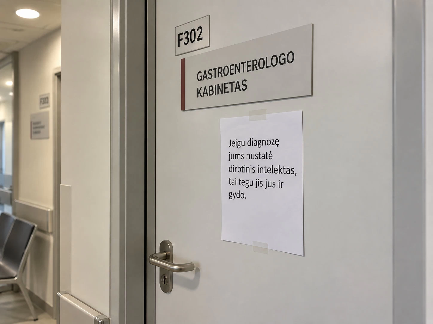 Užrašas ant gydytojo kabineto durų: jiegu diagnozę jums nustatė dirbtinis intelektas, tai tegu jis jus ir gydo