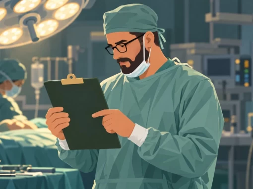 Gydytojas prieš operaciją skaito medicininius dokumentus