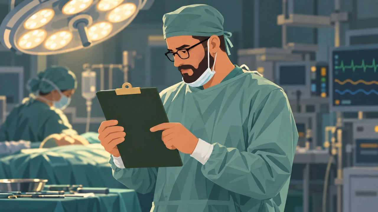 Gydytojas prieš operaciją skaito medicininius dokumentus